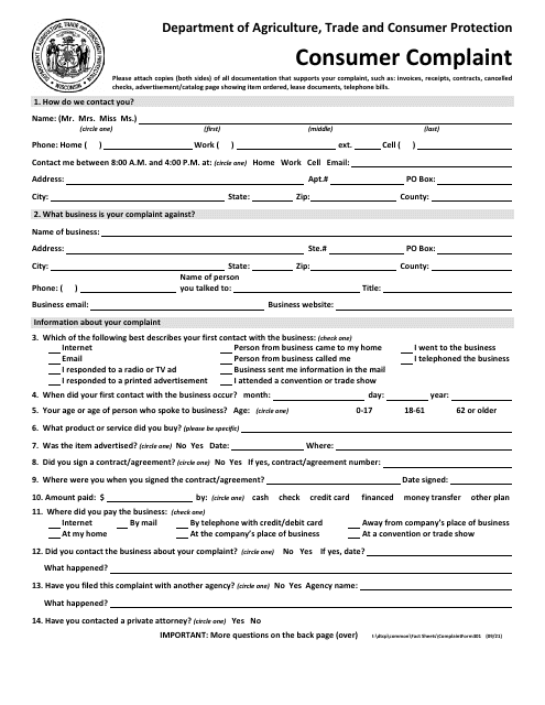 Form 301 Consumer Complaint - Wisconsin