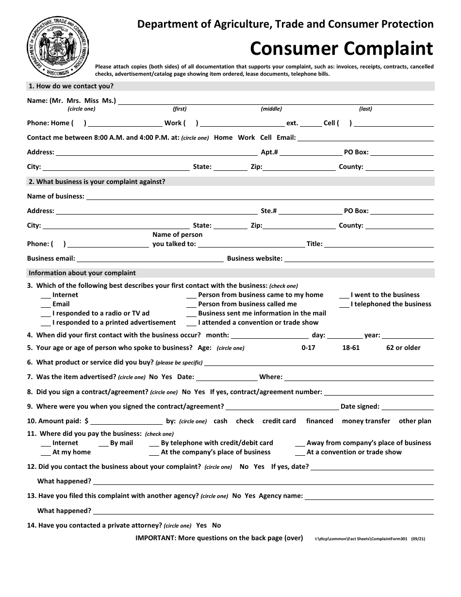 Form 301 Consumer Complaint - Wisconsin, Page 1