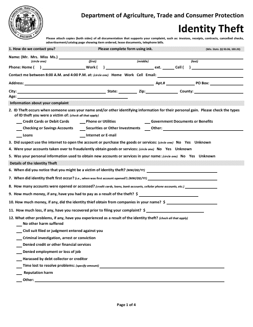 Form 601 Consumer Complaint - Id Theft & Privacy Protection - Wisconsin