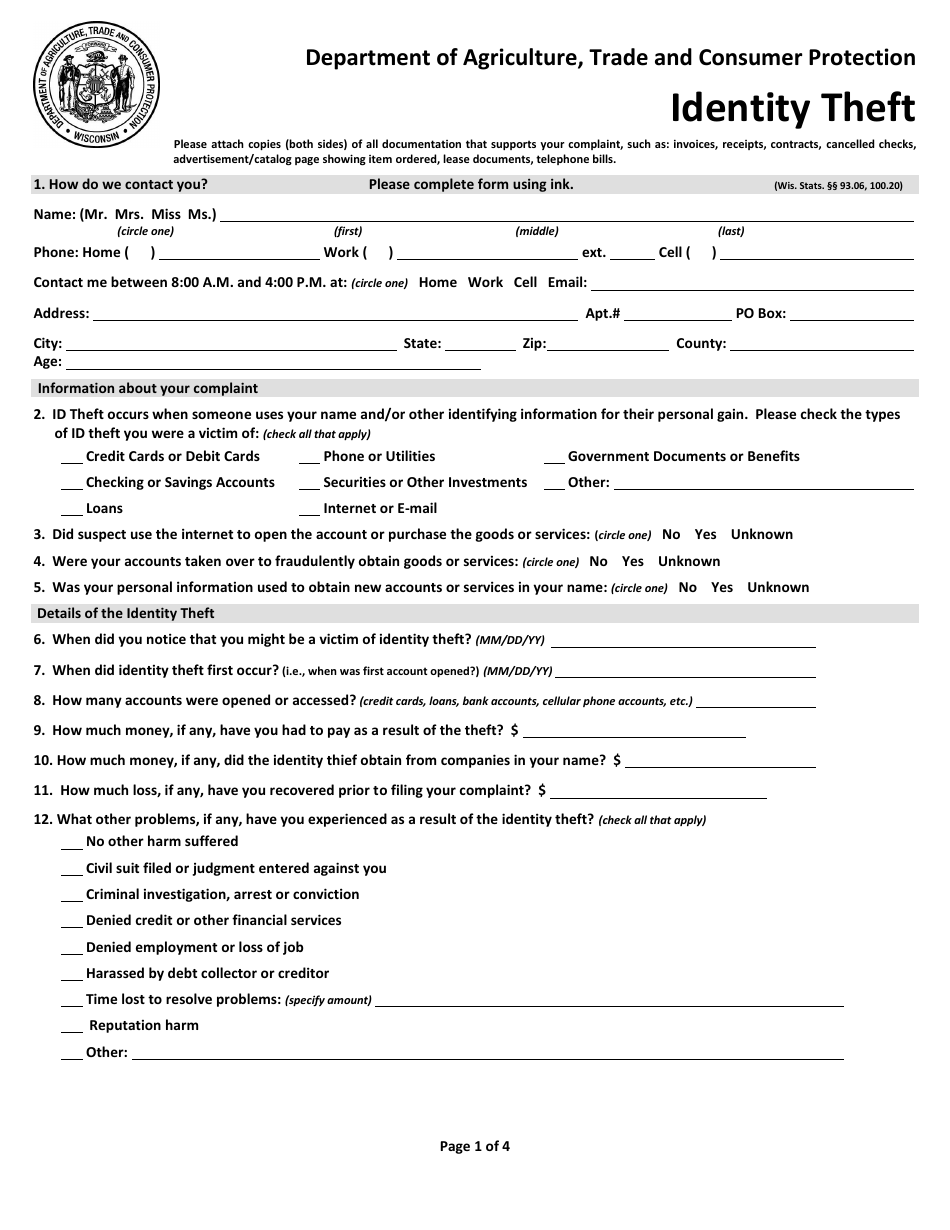 Form 601 Consumer Complaint - Id Theft  Privacy Protection - Wisconsin, Page 1