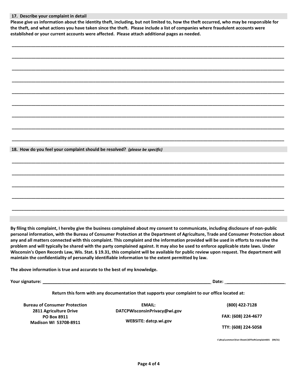 Form 601 Download Printable PDF or Fill Online Consumer Complaint - Id ...