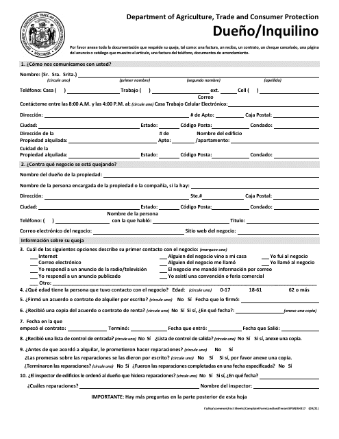 Formulario De Queja - Dueno/Inquilino - Wisconsin (Spanish)