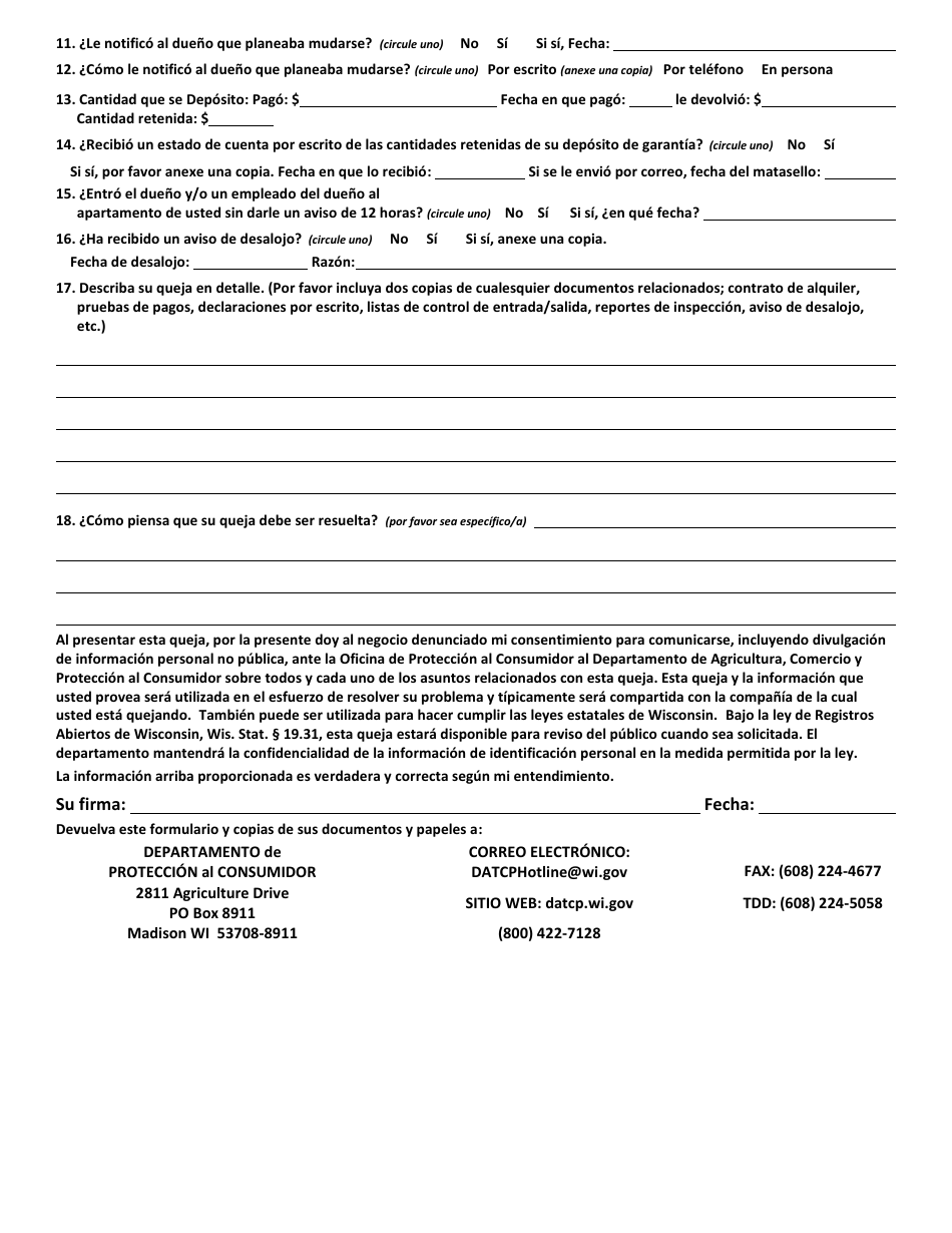 Formulario De Queja - Dueno / Inquilino - Wisconsin (Spanish), Page 2