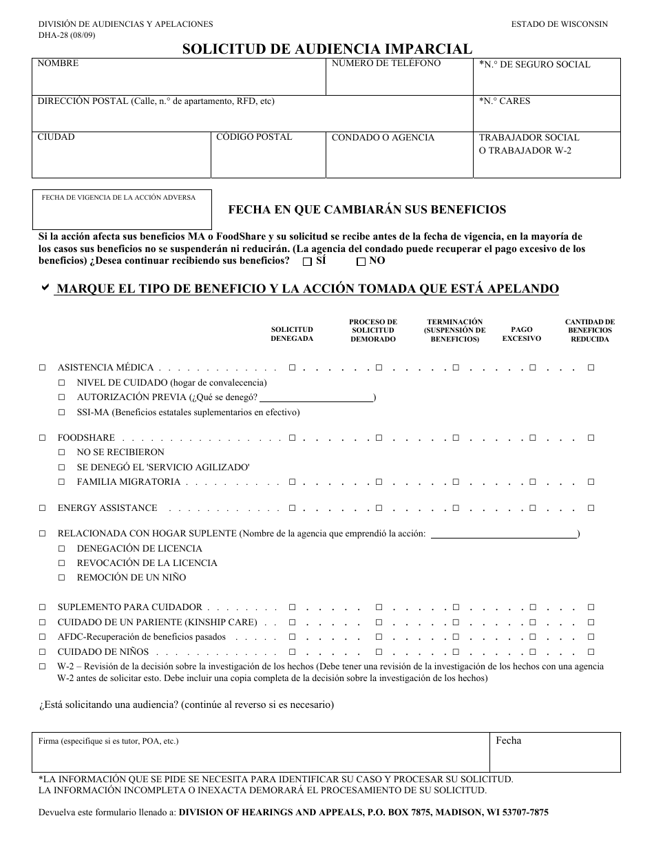 Form DHA-28 Request for Fair Hearing - Wisconsin (English / Spanish), Page 2
