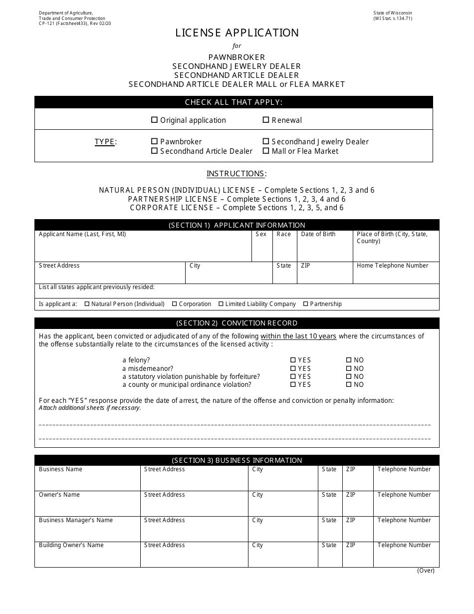 Form CP-121 License Application for Pawnbroker / Secondhand Jewelry Dealer / Secondhand Article Dealer / Secondhand Article Dealer Mall or Flea Marke - Wisconsin, Page 1