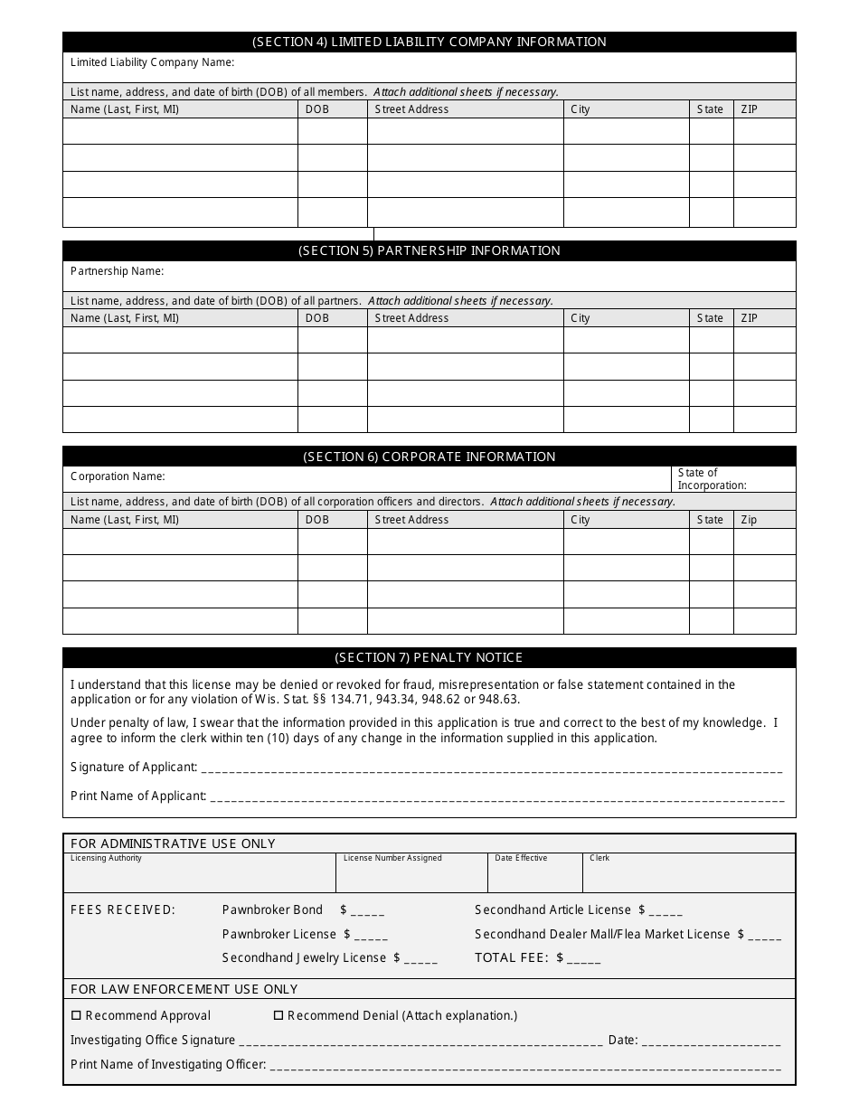 Form CP-121 License Application for Pawnbroker / Secondhand Jewelry Dealer / Secondhand Article Dealer / Secondhand Article Dealer Mall or Flea Marke - Wisconsin, Page 2