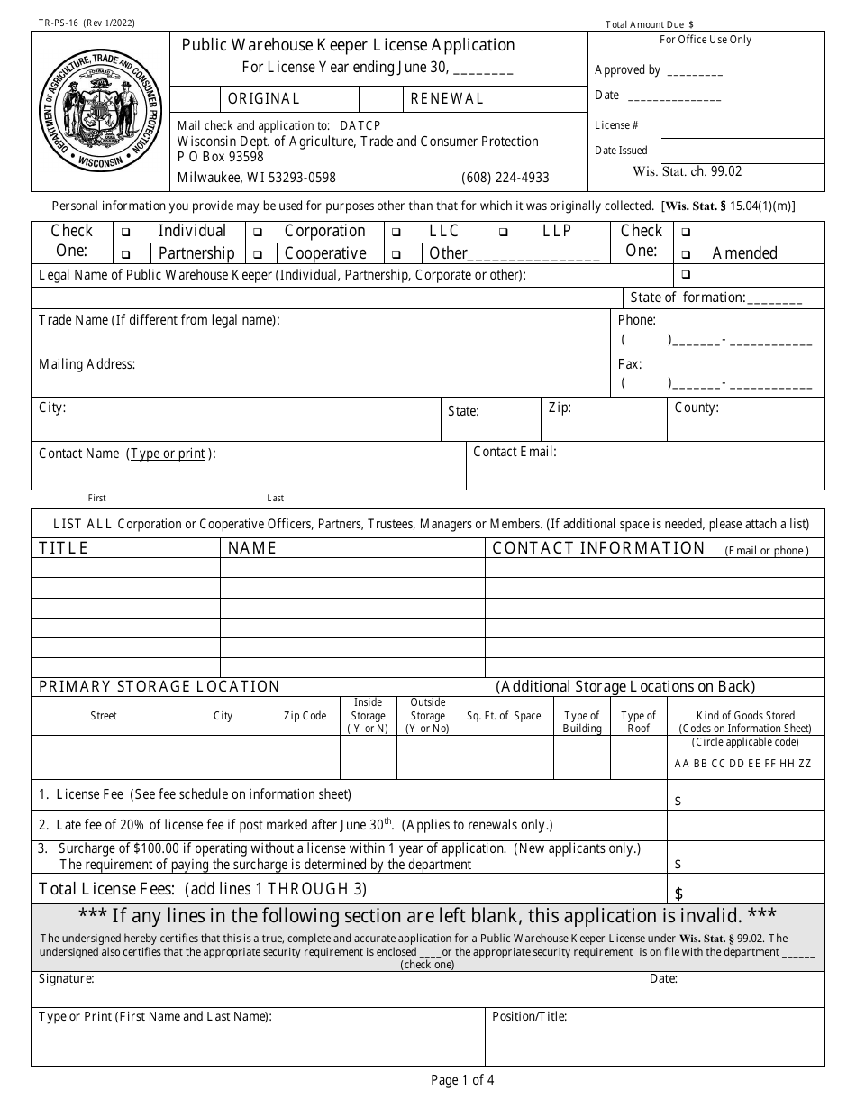 Form TR-PS-16 Public Warehouse Keeper License Application - Wisconsin, Page 1