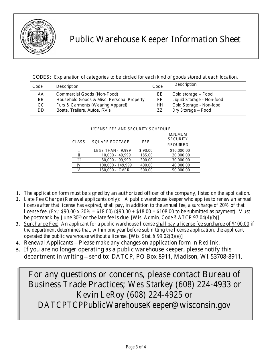 Form TR-PS-16 Public Warehouse Keeper License Application - Wisconsin, Page 3