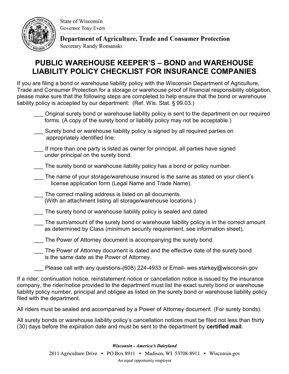 Public Warehouse Keepers - Bond and Warehouse Liability Policy Checklist for Insurance Companies - Wisconsin, Page 1