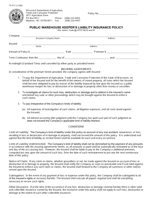Form TR-PS-2 Public Warehouse Keeper's Liability Insurance Policy - Wisconsin