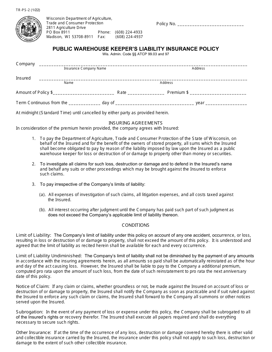 Form TR-PS-2 Public Warehouse Keepers Liability Insurance Policy - Wisconsin, Page 1