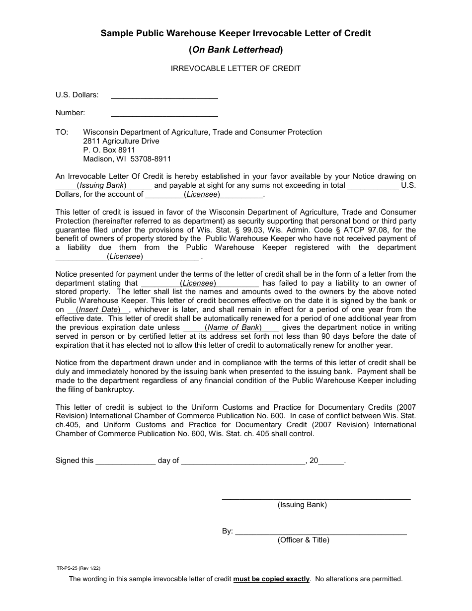 Form TR-PS-25 Sample Public Warehouse Keeper Irrevocable Letter of Credit - Wisconsin, Page 1