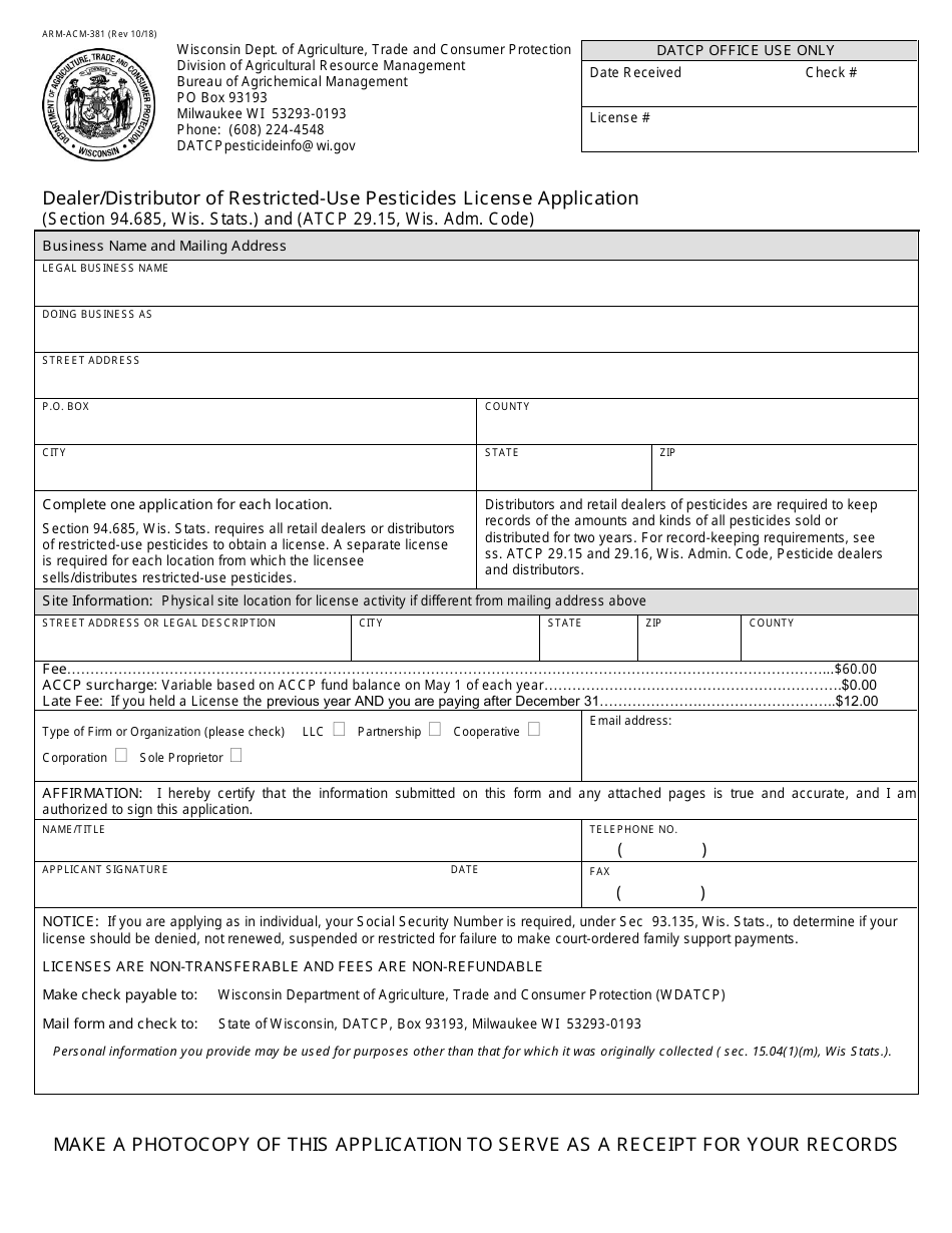 Form ARM-ACM-381 Dealer/Distributor of Restricted-Use Pesticides License Application - Wisconsin, Page 1