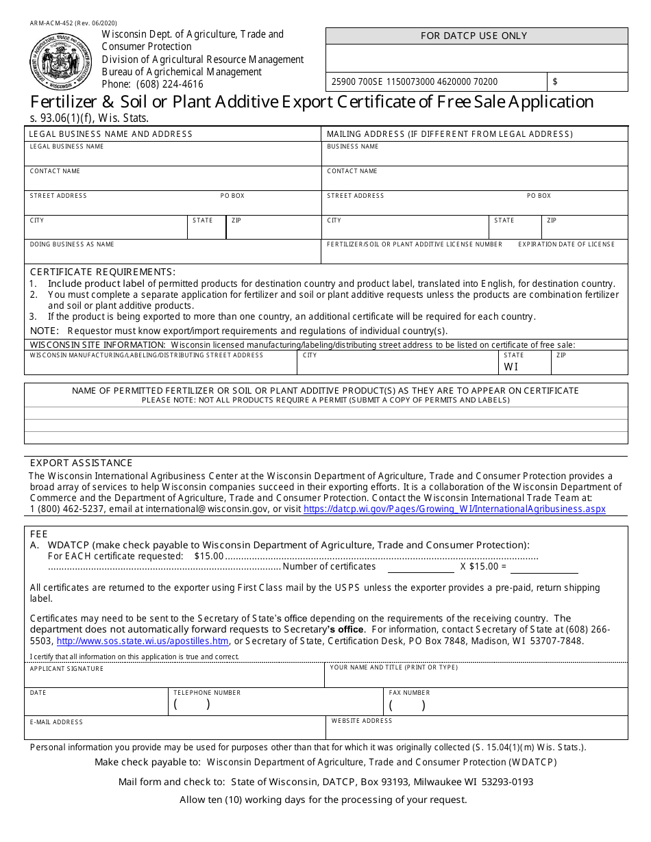Form ARM-ACM-452 Fertilizer  Soil or Plant Additive Export Certificate of Free Sale Application - Wisconsin, Page 1