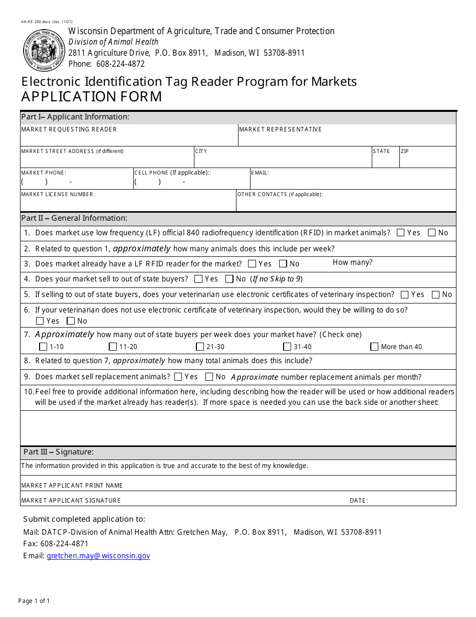 Form AH-RE-200 Application Form - Electronic Identification Tag Reader Program for Markets - Wisconsin, Page 1