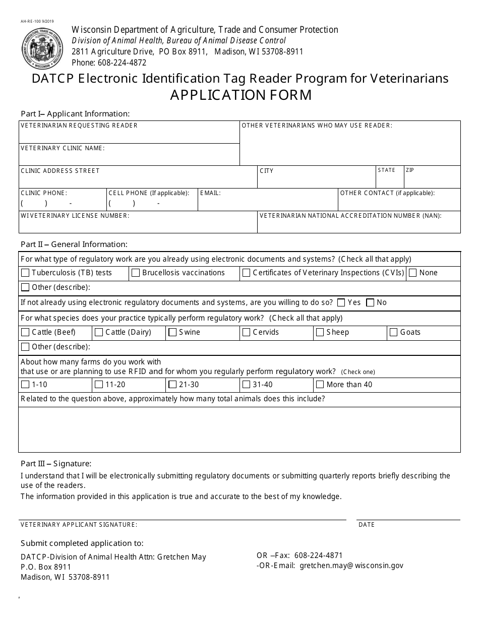 Form AH-RE-100 Application Form - Electronic Identification Tag Reader Program for Veterinarians - Wisconsin, Page 1