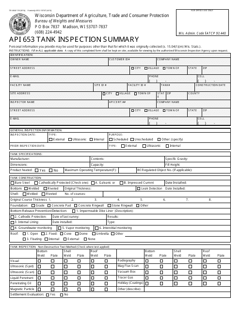 Form TR-WM-119 Api 653 Tank Inspection Summary - Wisconsin