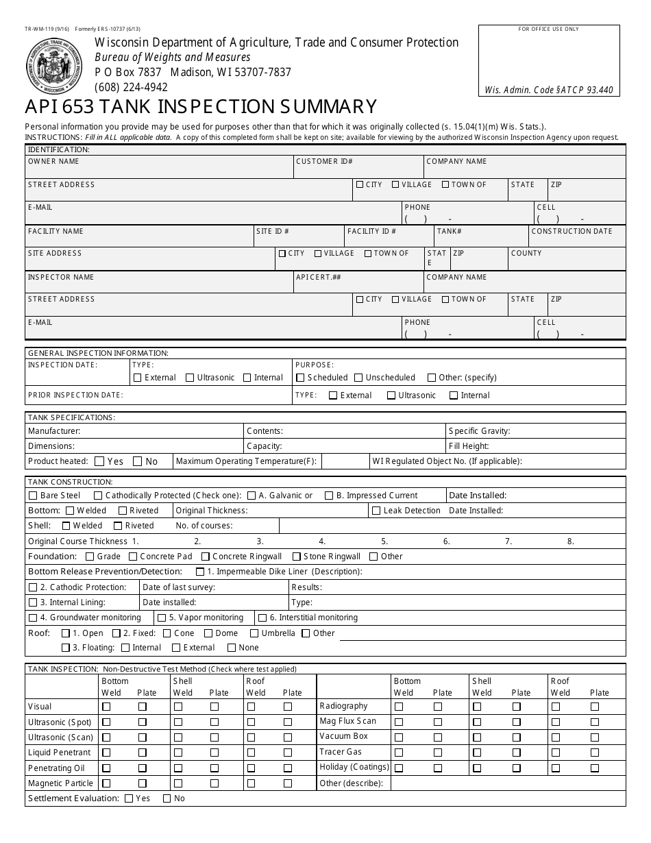 Form TR-WM-119 Api 653 Tank Inspection Summary - Wisconsin, Page 1
