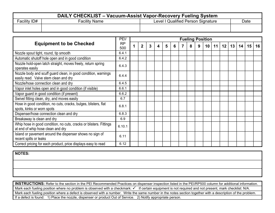 Daily Checklist - Vacuum-Assist Vapor-Recovery Fueling System - Wisconsin, Page 1