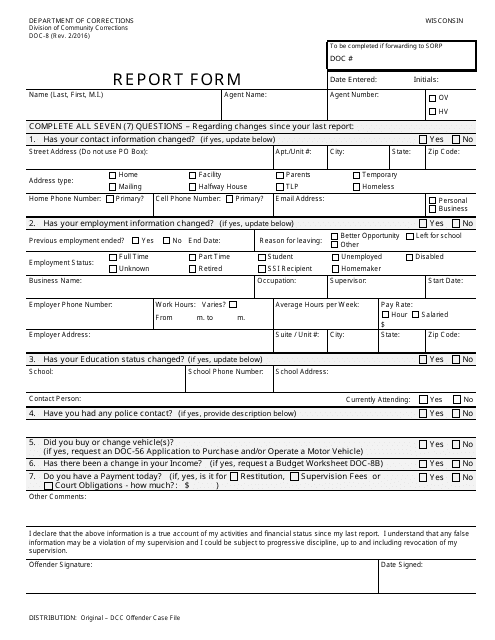 Form DOC-8 Offender Report Form - Wisconsin