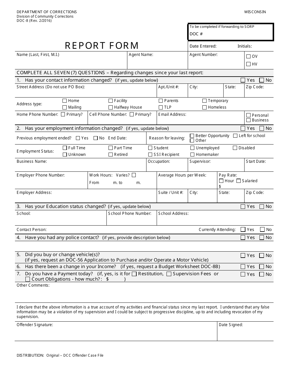 Form DOC-8 Offender Report Form - Wisconsin, Page 1