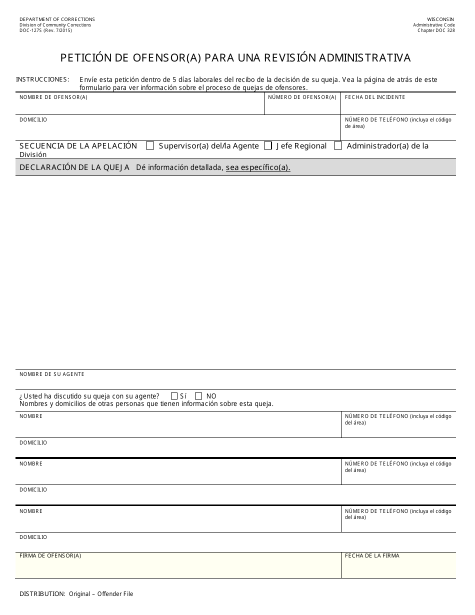 Formulario DOC-127S Peticion De Ofensor(A) Para Una Revision Administrativa - Wisconsin (Spanish), Page 1