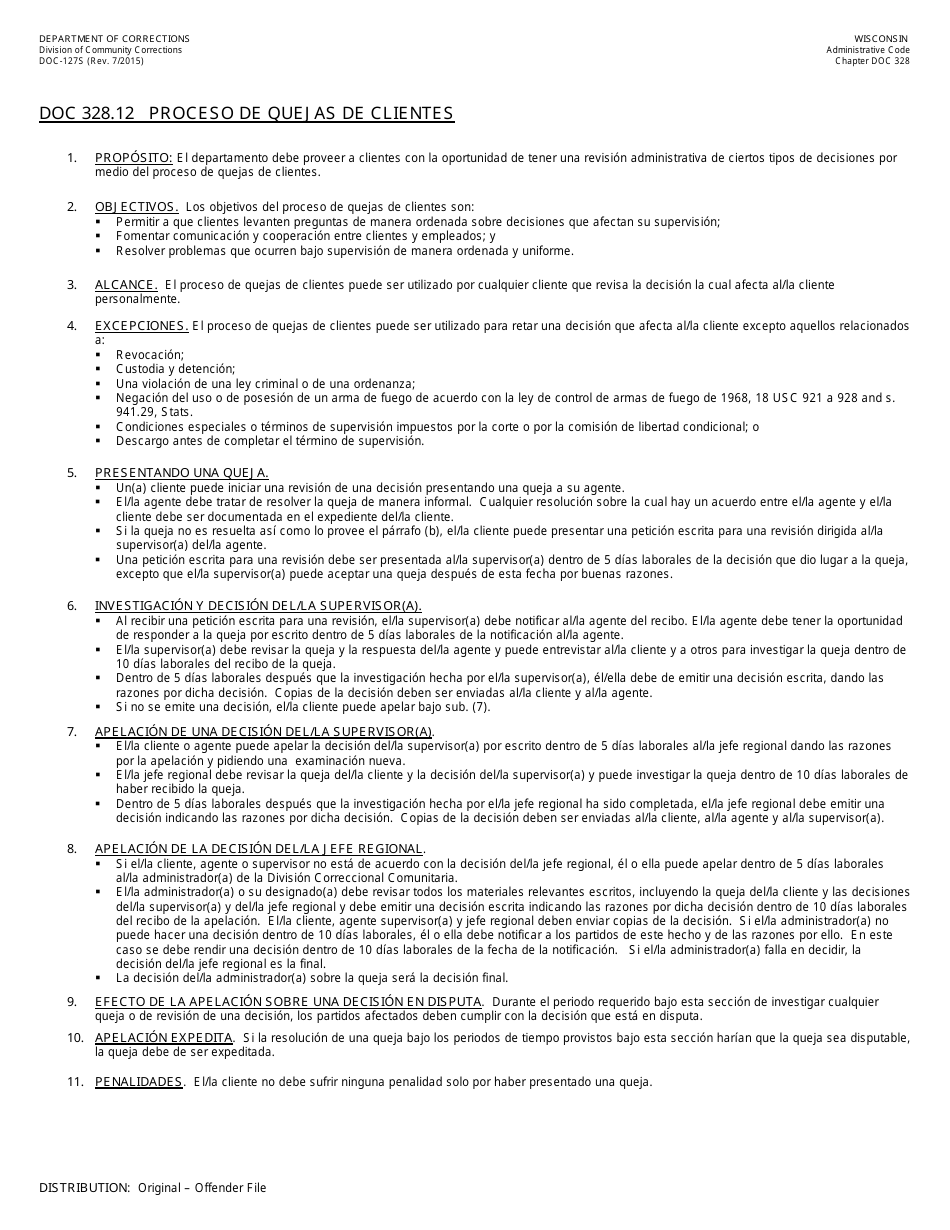 Formulario DOC-127S Peticion De Ofensor(A) Para Una Revision Administrativa - Wisconsin (Spanish), Page 2