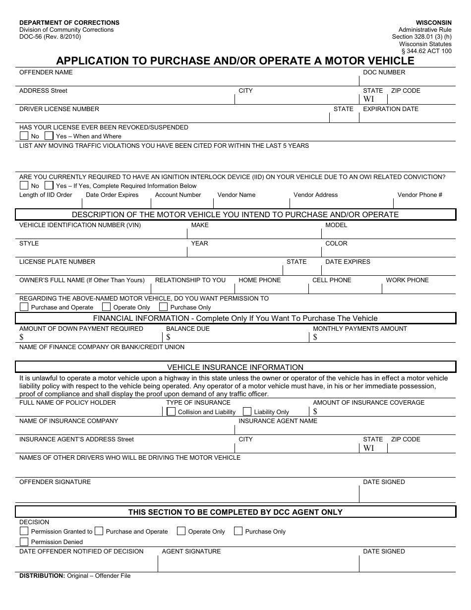 Form DOC-56 Application to Purchase and / or Operate a Motor Vehicle - Wisconsin, Page 1