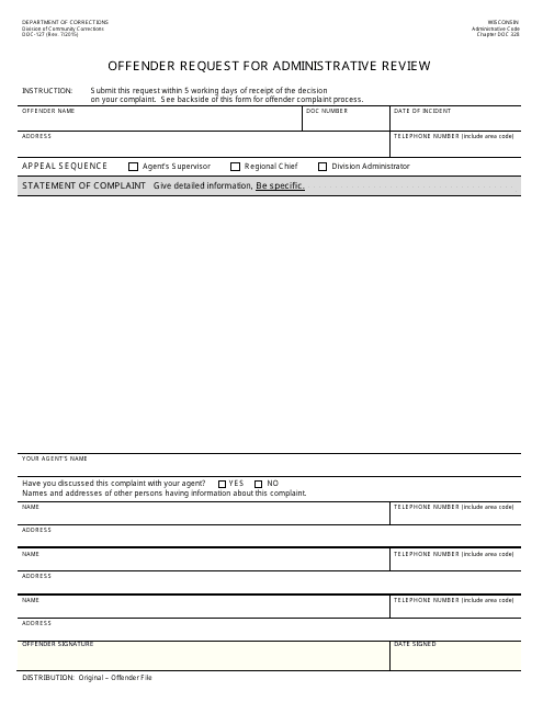 Form DOC-127 Offender Request for Administrative Review - Wisconsin