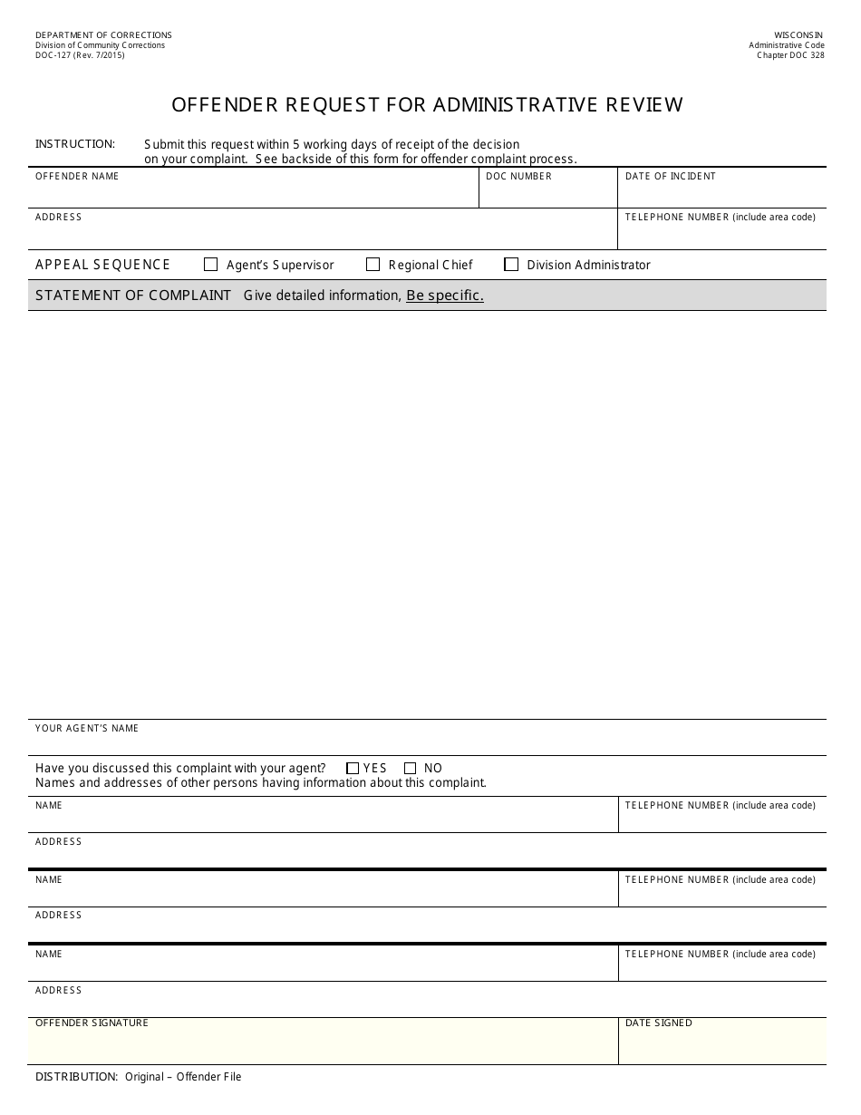 Form DOC-127 Offender Request for Administrative Review - Wisconsin, Page 1