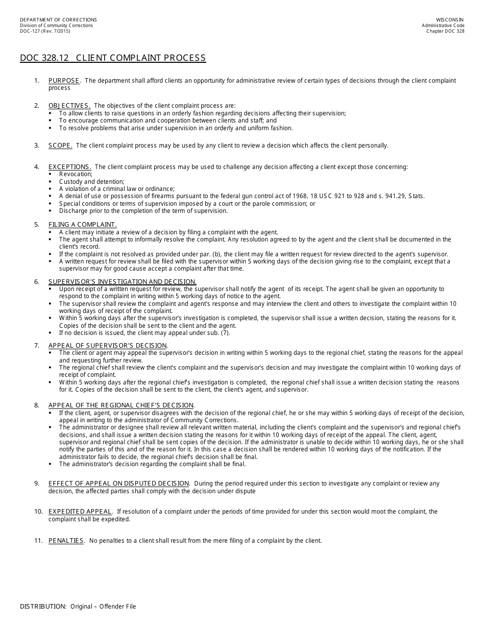 Form DOC-127 Offender Request for Administrative Review - Wisconsin, Page 2