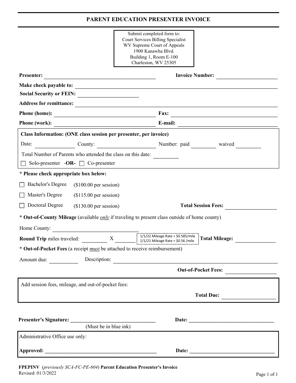 Form FPEPINV Parent Education Presenter Invoice - West Virginia, Page 1