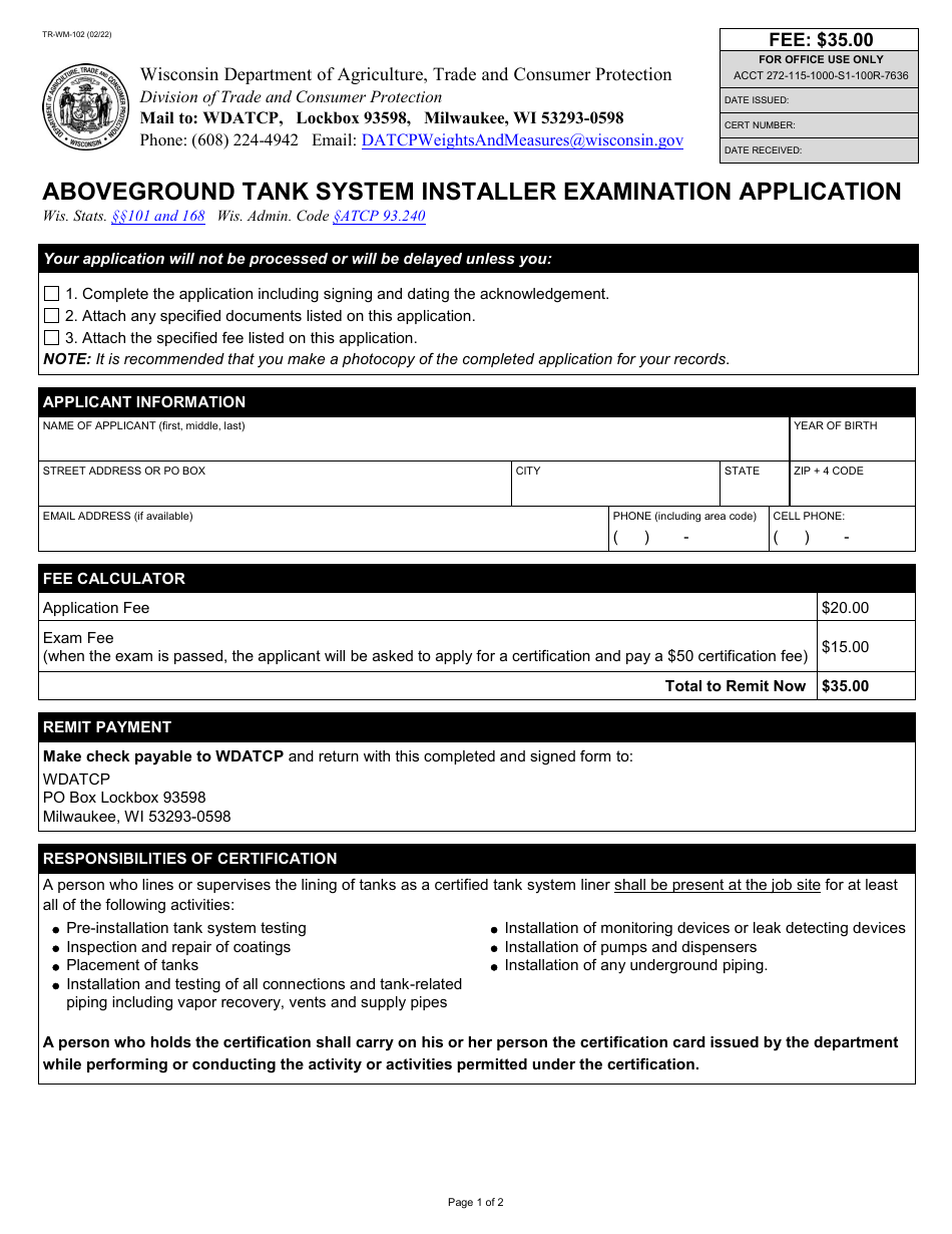 Form TR-WM-102 Aboveground Tank System Installer Examination Application - Wisconsin, Page 1