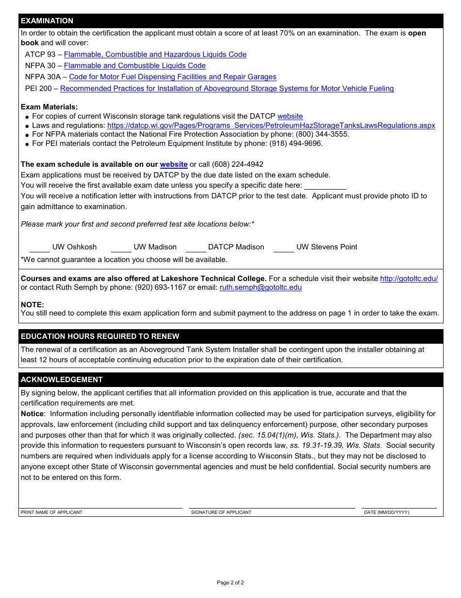 Form TR-WM-102 Aboveground Tank System Installer Examination Application - Wisconsin, Page 2
