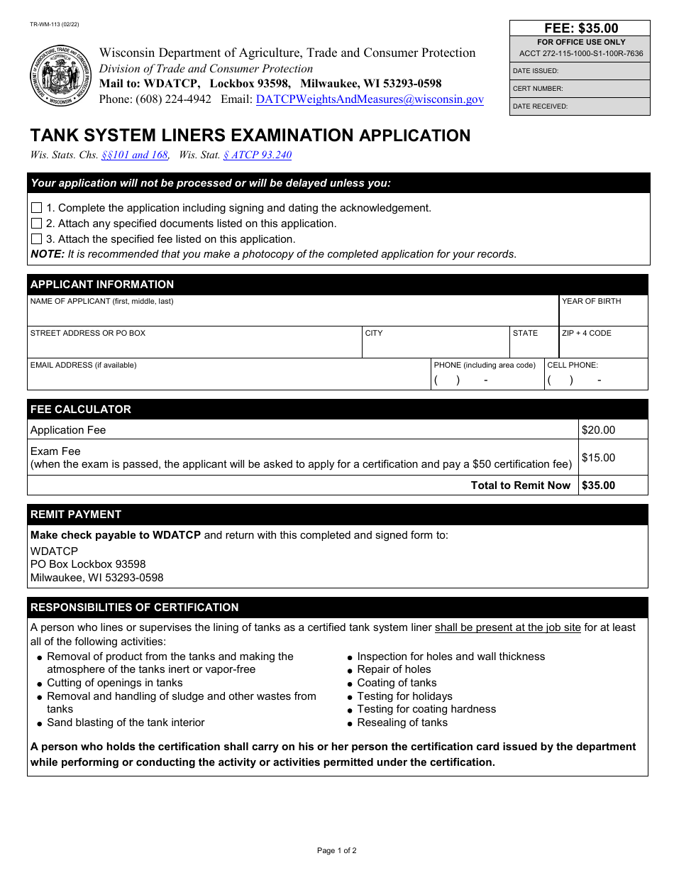 Form TR-WM-113 Tank System Liners Examination - Wisconsin, Page 1