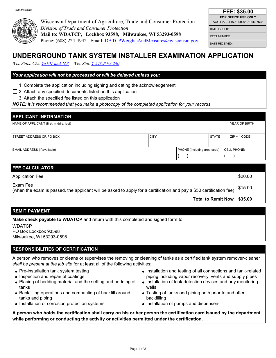 Form TR-WM-116 Underground Tank System Installer Examination Application - Wisconsin, Page 1