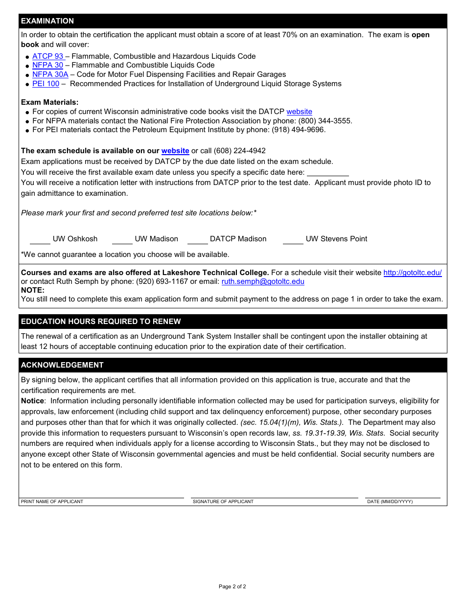 Form TR-WM-116 Underground Tank System Installer Examination Application - Wisconsin, Page 2
