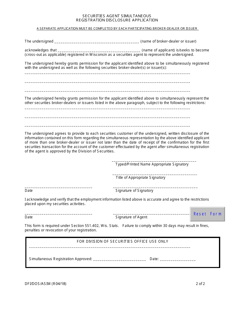 Form DFI / DOS / ASIM Securities Agent Simultaneous Registration Disclosure Application - Wisconsin, Page 2