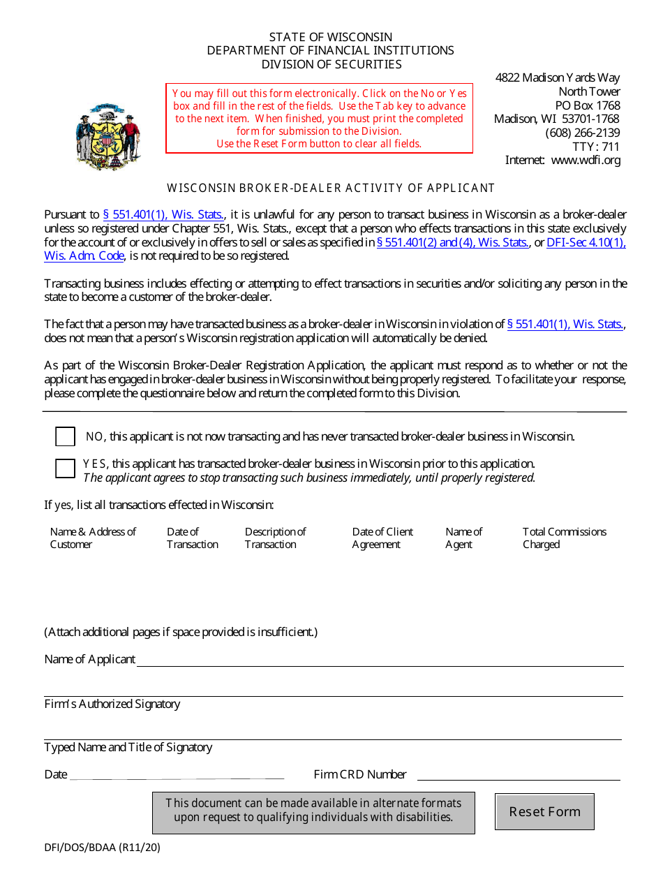 Form DFI/DOS/BDAA Fill Out, Sign Online and Download Fillable PDF, Wisconsin Templateroller