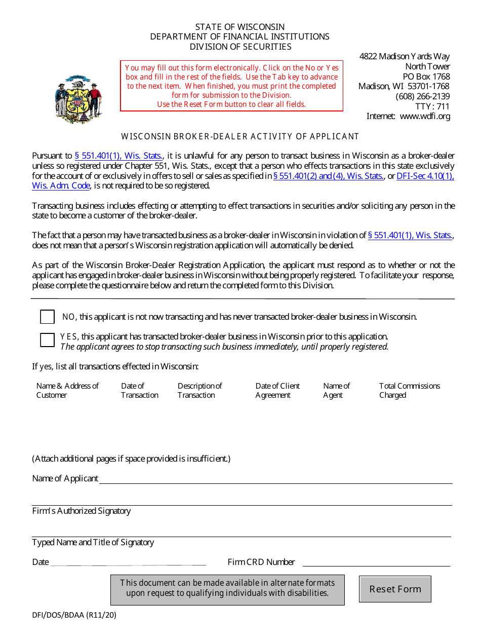Form DFI / DOS / BDAA Wisconsin Broker-Dealer Activity of Applicant - Wisconsin, Page 1