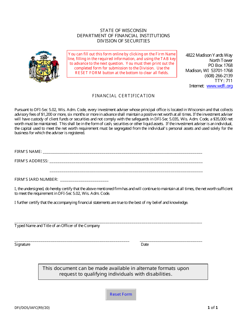 Form DFI / DOS / IAFC Financial Certification - Wisconsin, Page 1