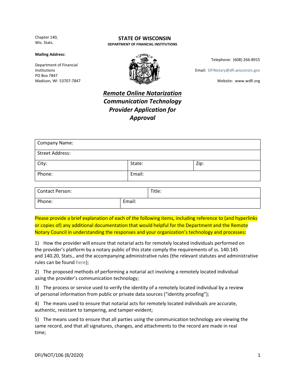 Form DFI / NOT / 106 Communication Technology Provider Application for Approval - Wisconsin, Page 1