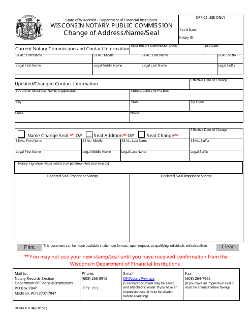 Form DFI/NOT/104 Change of Address/Name/Seal - Wisconsin