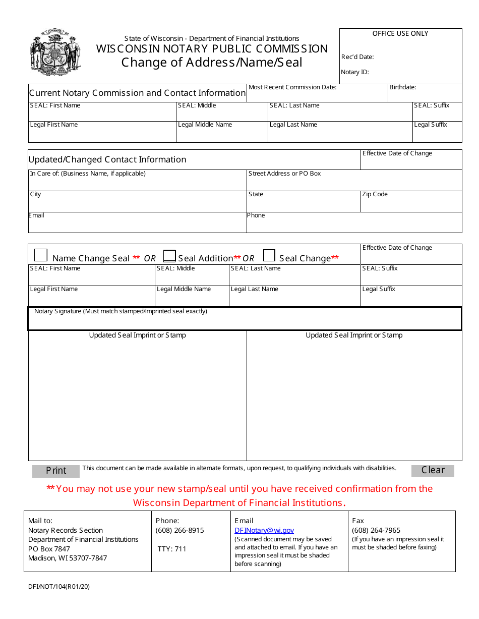 Form DFI / NOT / 104 Change of Address / Name / Seal - Wisconsin, Page 1