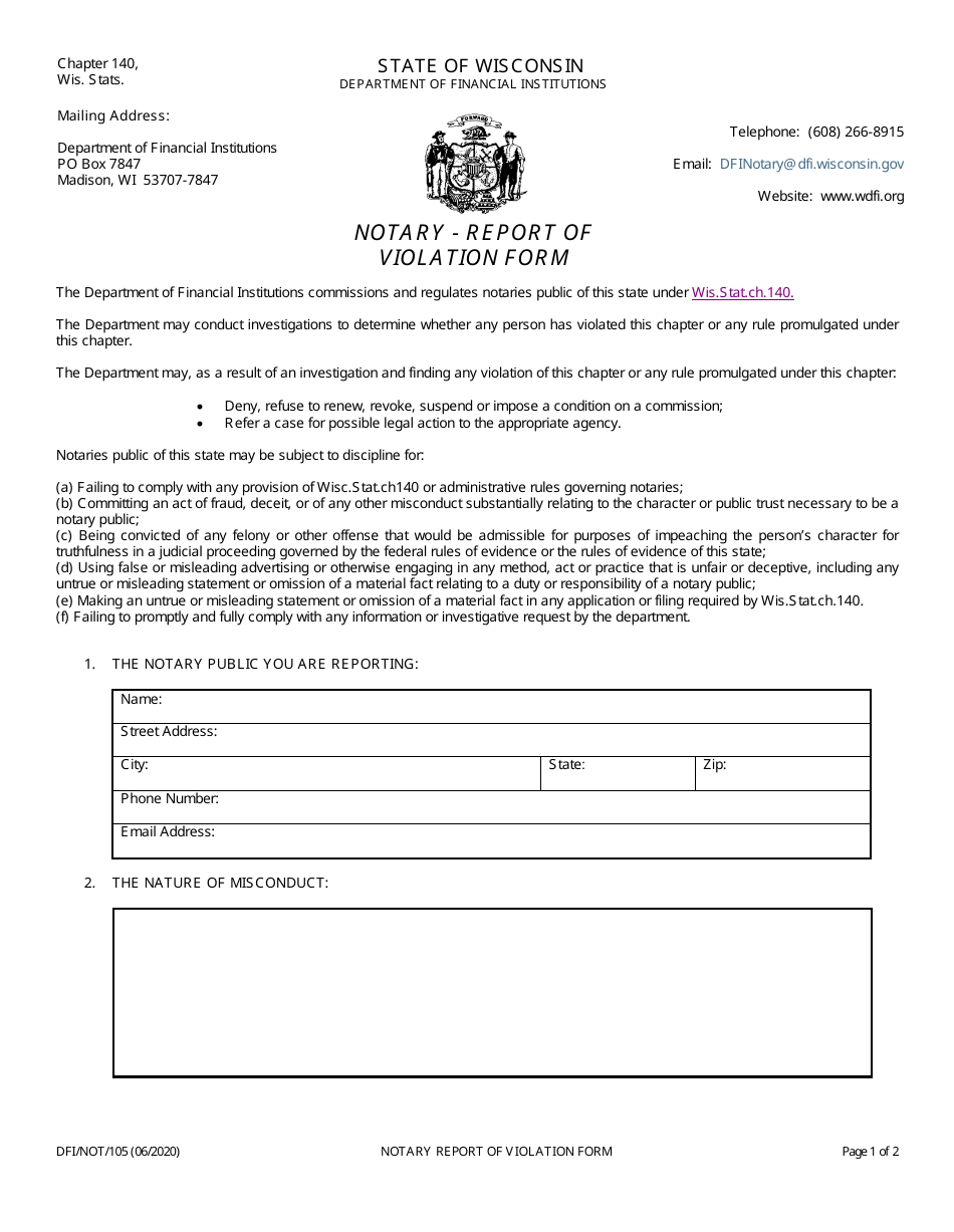 Form DFI / NOT / 105 Notary - Report of Violation Form - Wisconsin, Page 1