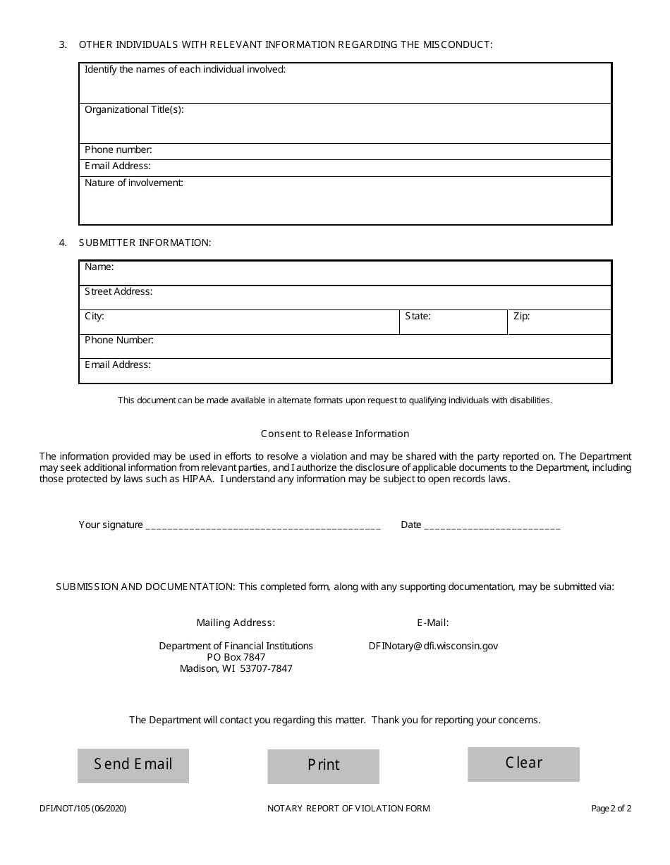 Form DFI / NOT / 105 Notary - Report of Violation Form - Wisconsin, Page 2