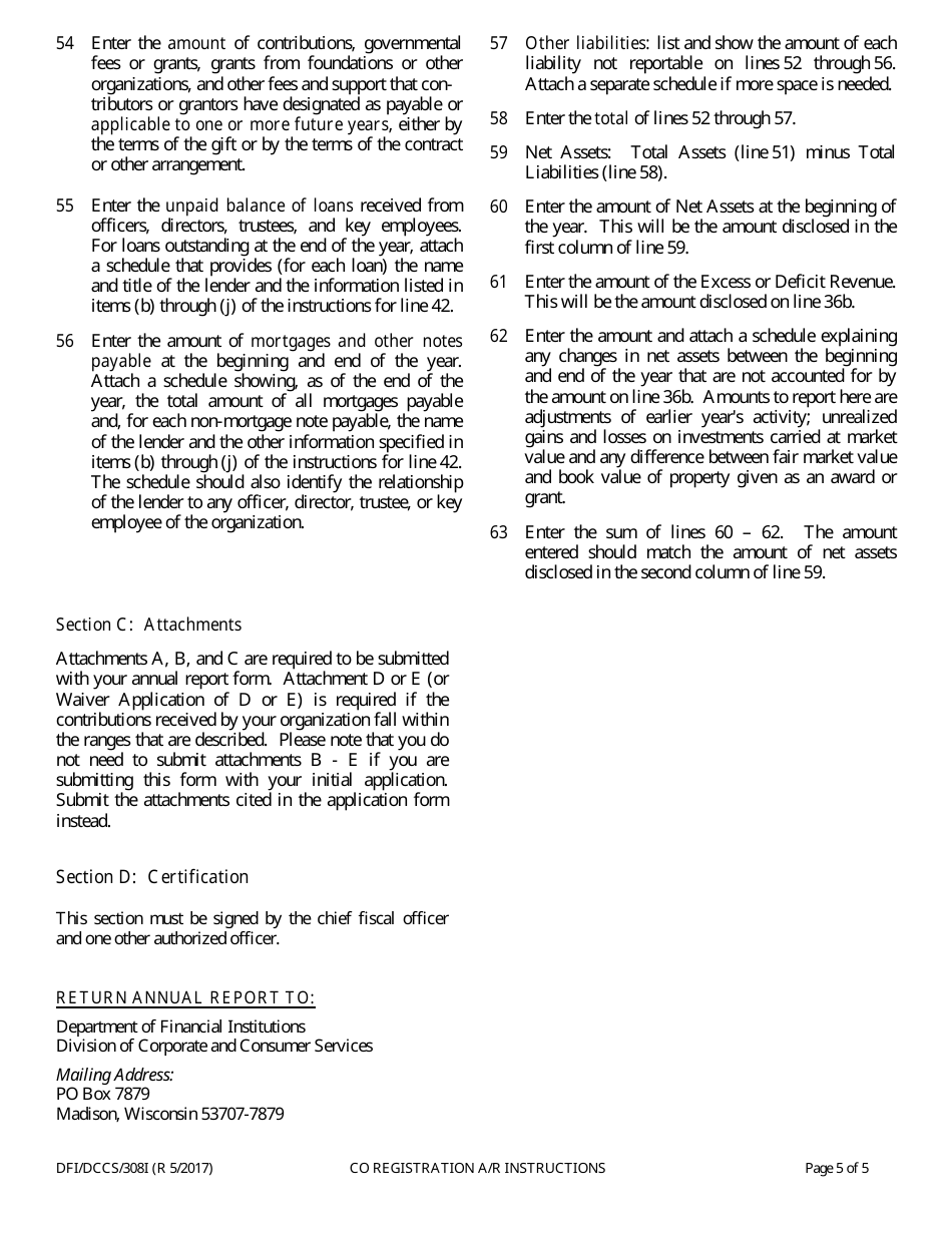 Instructions for Form DFI / DCCS / 308 Charitable Organization Annual Report - Wisconsin, Page 5