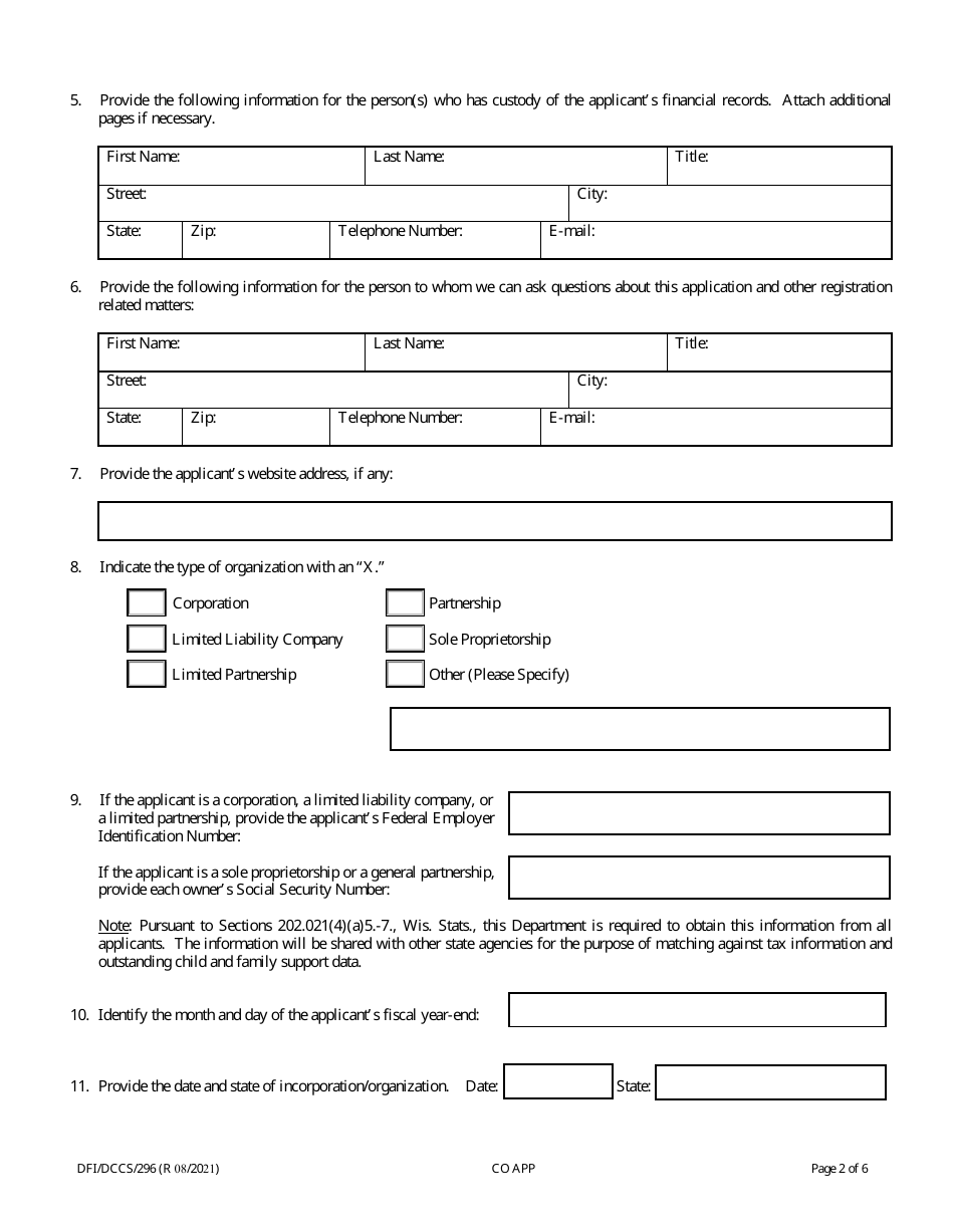 Form DFI / DCCS / 296 Charitable Organization Application - Wisconsin, Page 2