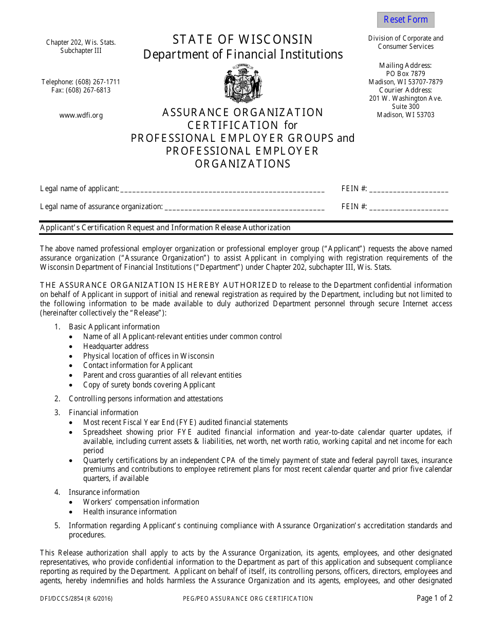Form DFI / DCCS / 2854 Assurance Organization Certification for Professional Employer Groups and Professional Employer Organizations - Wisconsin, Page 1