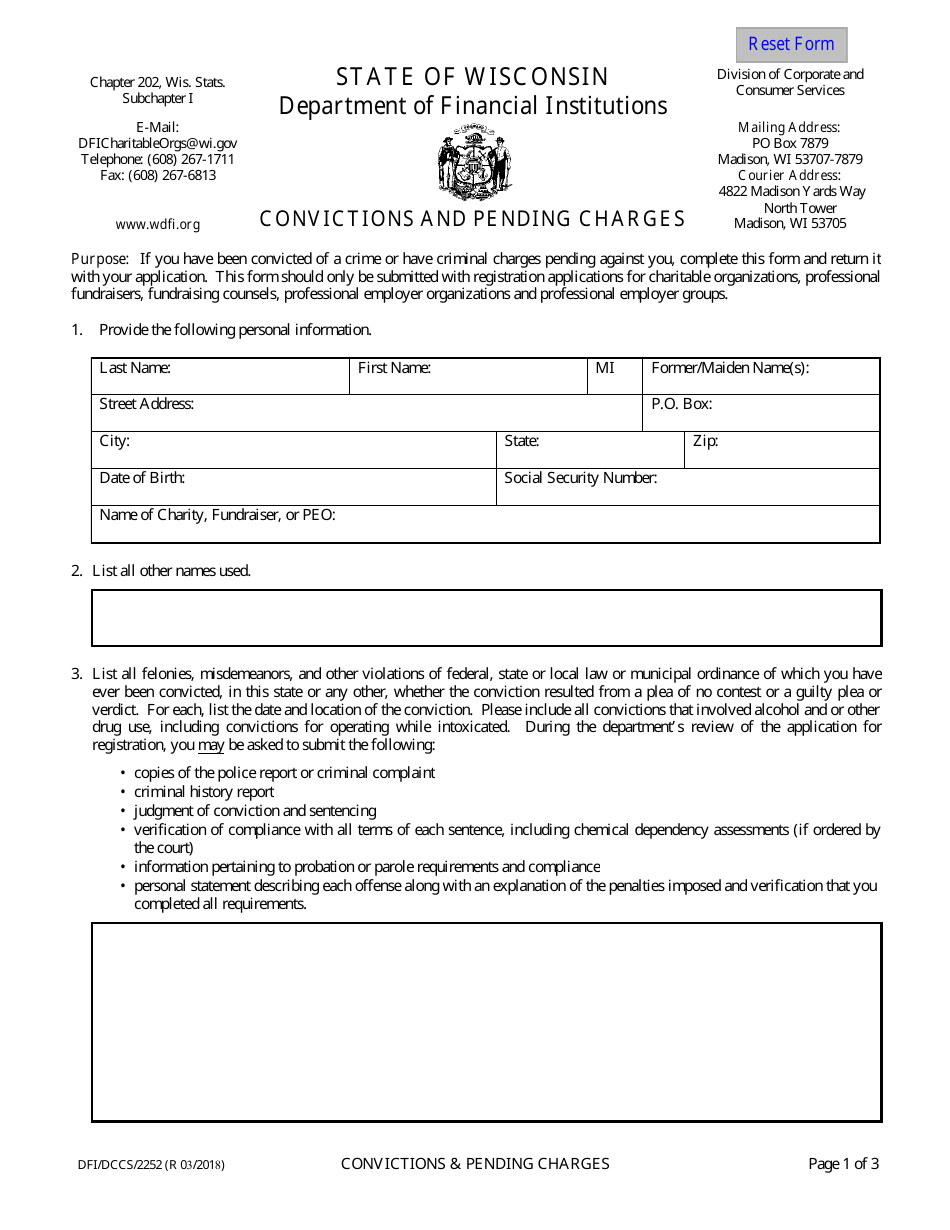Form DFI / DCCS / 2252 Convictions and Pending Charges - Wisconsin, Page 1